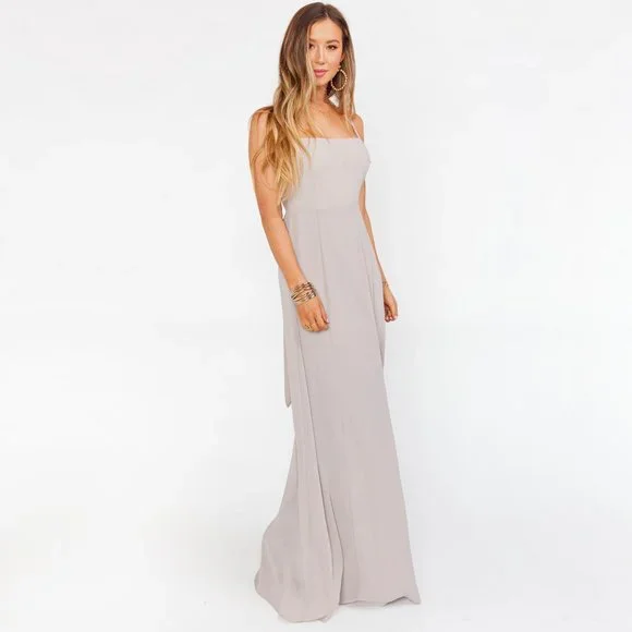 Show Me Your Mumu Lauren Tie Back Dove Grey Chiffon Bridesmaid Maxi Dress - Picture 7 of 16